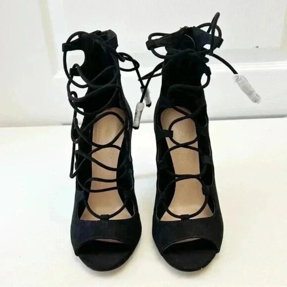 Aldo Sergioa Lace Up Stiletto Heels Peep Toe Black Micro Suede Size 7.5 - Picture 4 of 16